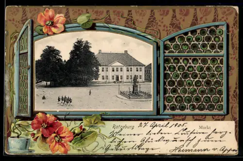 Passepartout-Lithographie Ratzeburg, Markt mit Soldaten durch Fenster