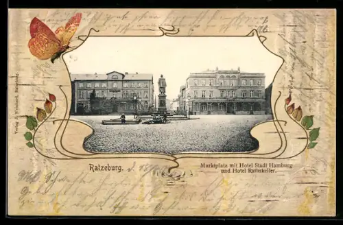Lithographie Ratzeburg, Marktplatz mit Hotel Stadt Hamburg und Hotel Ratskeller, Schmetterling, Passepartout