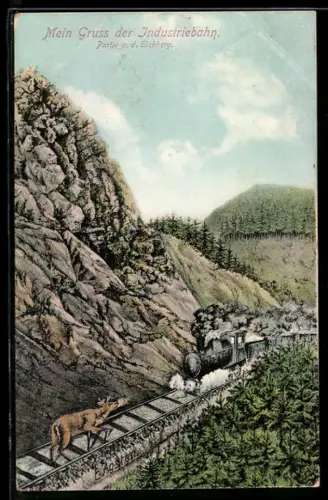 AK Eichberg, Industriebahn mit Reh auf dem Gleis