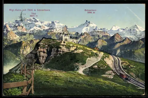 AK Rigi-Kulm, Bergbahn mit Blick auf Tödi und Scheerhorn