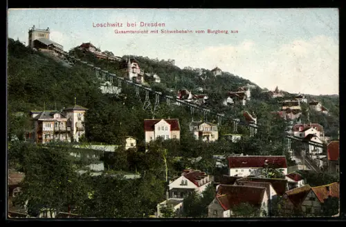 AK Loschwitz bei Dresden, Totalansicht mit Schwebebahn vom Burgberg, Bergbahn