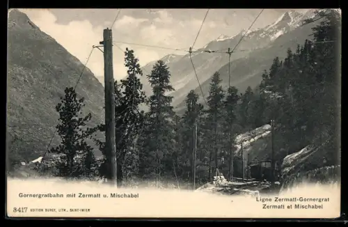 AK Zermatt, Gornergralbahn mit Bergpanorama, Bergbahn