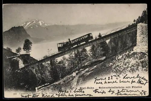 AK Rigi-Kulm, Rigi-Bahn auf der Schnurtobelbrücke mit Pilatus