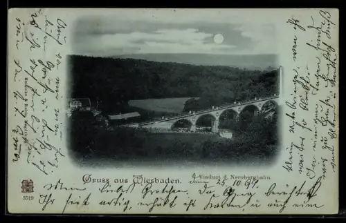 Mondschein-AK Wiesbaden, Viaduct der Nerobergbahn