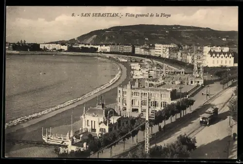 AK San Sebastian, Vista general de la Playa, Strassenbahn