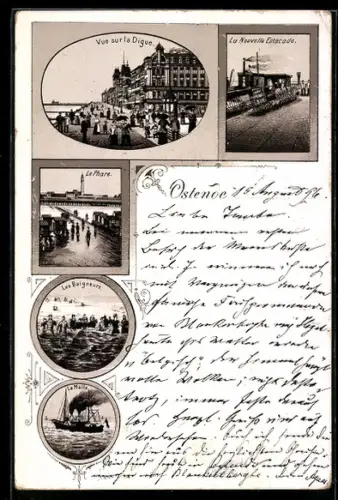 Lithographie Ostende, Vue sur la Digue, Le Phare, La Malle