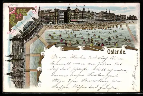 Lithographie Ostende, Ortspartie mit Badestrand