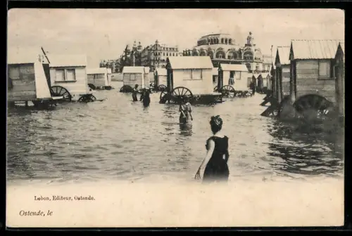 AK Ostende, Badewagen und Strandgebäude