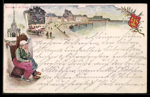 Künstler-AK Liége, Strandpanorama, Lütticherin, Wappen