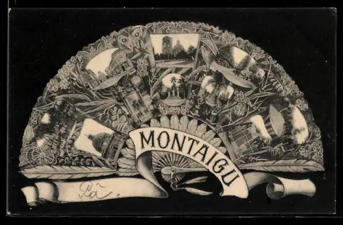 AK Montaigu, Stadtansichten im Fächer