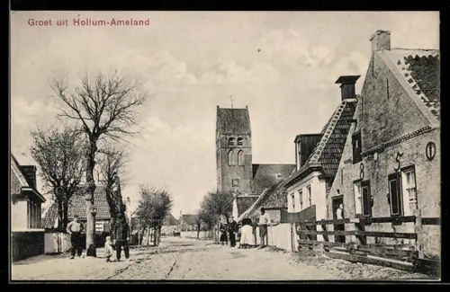 AK Hollum /Ameland, Strassenpartie mit Haus von 1850 und Kirche