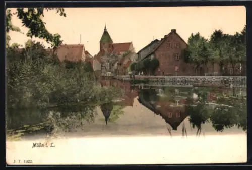 AK Mölln i. L., Stadtansicht mit Kirche und See