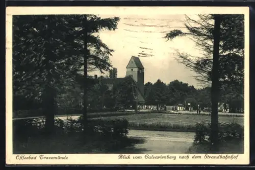 AK Travemünde, Blick vom Calvarienberg nach dem Strandbahnhof