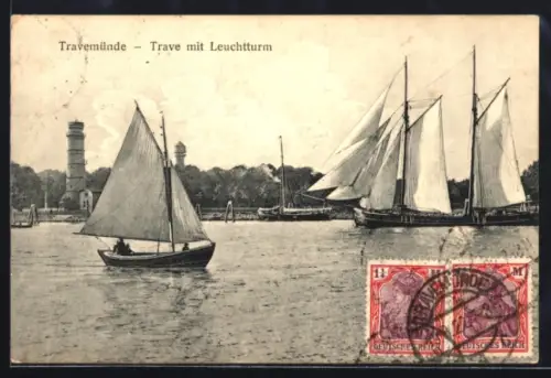 AK Travemünde, Trave mit Leuchtturm und Segelschiffen