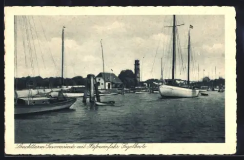 AK Travemünde, Leuchtturm, Hafeneinfahrt, Segelboote