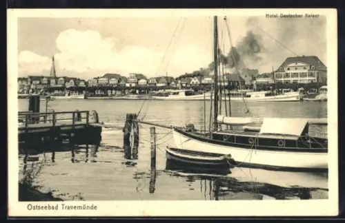 AK Travemünde, Hafen, Hotel Deutscher Kaiser, Dampfer Seemöwe