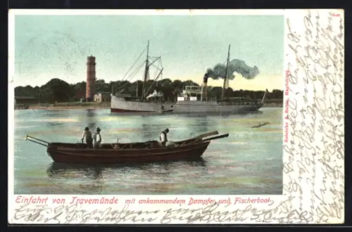 AK Travemünde, Einfahrt mit ankommendem Dampfer und Fischerboot