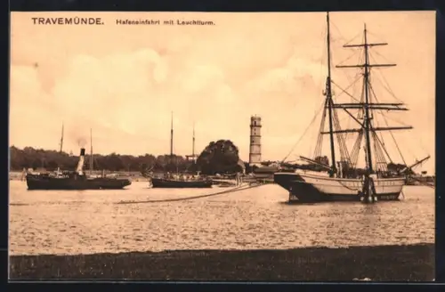 AK Travemünde, Hafeneinfahrt mit Leuchtturm, Segelschiff und Dampfer
