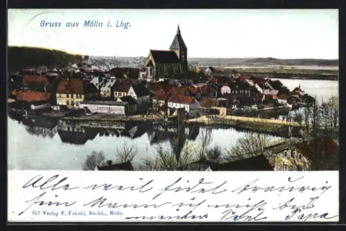 AK Mölln i. Lbg., Stadtansicht mit Kirche und See