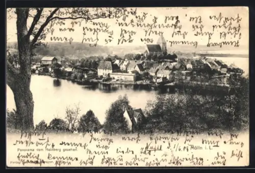 AK Mölln i. L., Panorama vom Heidberg, Kirche, See