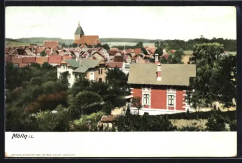 AK Mölln i. L., Ortsansicht mit Kirche und Wohnhäusern