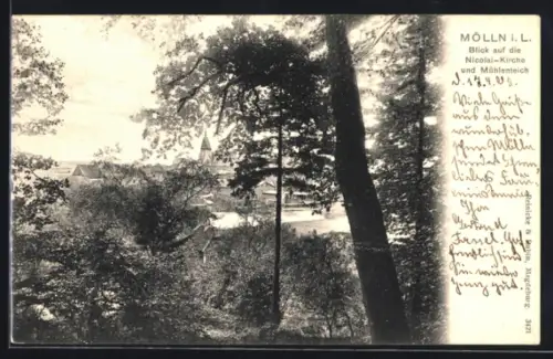 AK Mölln i. L., Blick auf die Nicolai-Kirche und Mühlenteich