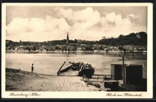 AK Lauenburg /Elbe, Blick von Hohnstorf, Elbufer, Fähre, Stadtansicht mit Kirche