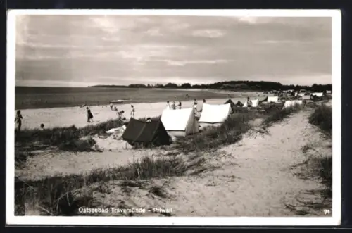 AK Travemünde-Priwall, Strand mit Zelten und Badegästen
