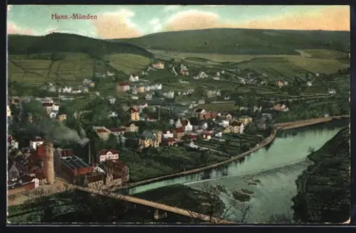 AK Hann.-Münden, Panorama mit Fluss und Brücke