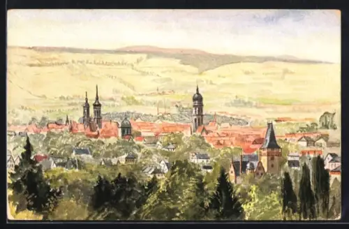 Künstler-AK Göttingen, Ortsansicht mit Kirchen und Stadttor