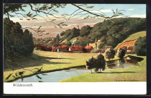 Künstler-AK Wildenroth, Ortsansicht mit Kirche und Teich
