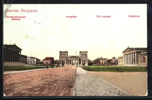 AK München, Königsplatz, Kunstausstellungs-Gebäude, Propyläen, Glyptothek