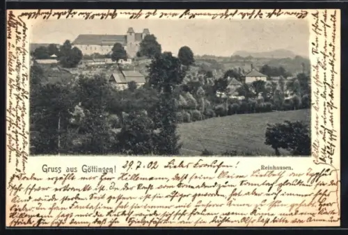 AK Göttingen, Ortsansicht Reinhausen mit Kirche und umliegender Landschaft