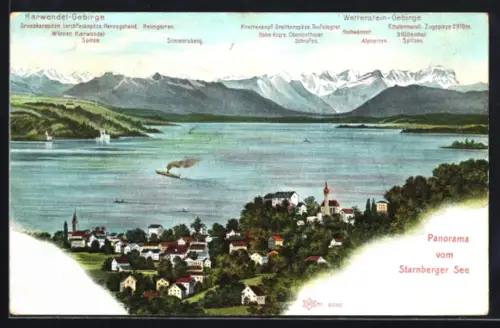 Lithographie Starnberger See, Panorama, Alpenkette, Dampfschiff, Kirche