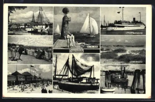 AK Travemünde, Hafenpartie, An der Mole, Seedienst Ostpreussen, Düne auf Priwall, Fähre