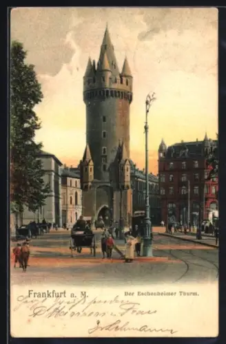 AK Frankfurt a. M., Strassenszene mit Blick auf den Eschenheimer Turm