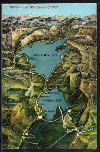 AK Kochel /Walchenseegebiet, Karte von Walchensee, Kochelsee und umliegenden Orten