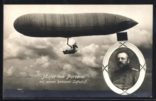 AK Portrait Major von Parseval mit seinem lenkbaren Luftschiff