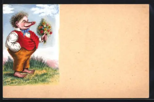 Künstler-AK Handgemalt: Igel in roter Weste und blauer Schleife mit einem Blumenstrauss