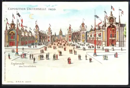 Lithographie Paris, Exposition universelle de 1900, Esplanade des Invalides, beleuchtete Fenster