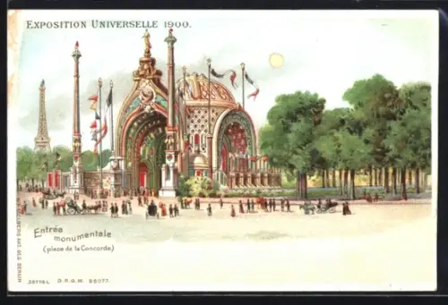 Lithographie Paris, Exposition universelle de 1900, Entrée monumentale, Ansicht bei Nacht