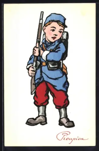 Künstler-AK Handgemalt: Kind in Uniform und mit Gewehr, Schützengrabenkunst