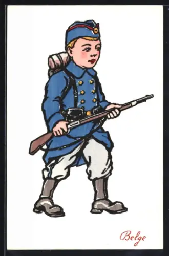 Künstler-AK Handgemalt: Kind in belgischer Soldatenuniform mit Gewehr, Schützengrabenkunst