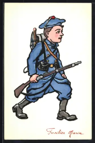 Künstler-AK Handgemalt: Kind in Soldatenuniform und mit Gewehr, Fusilier Marin, Schützengrabenkunst