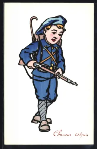Künstler-AK Handgemalt: Kind in blauer Soldatenuniform mit Gewehr, Chasseur, Schützengrabenkunst