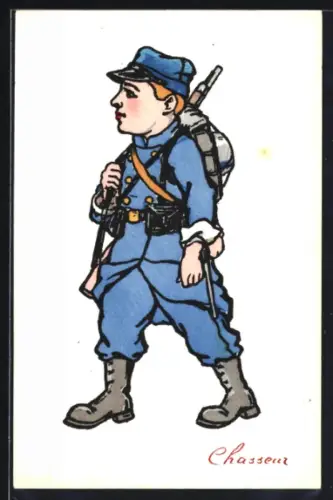 Künstler-AK Handgemalt: Kind in blauer Soldatenuniform mit Gewehr, Chasseur, Schützengrabenkunst