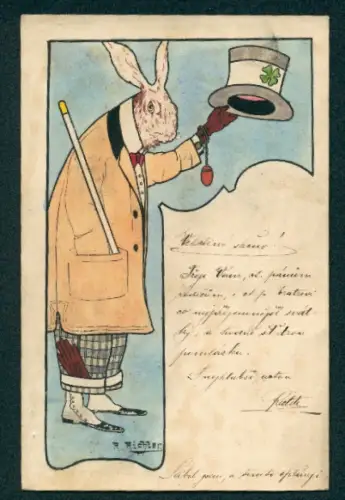Künstler-AK Handgemalt sign. R. Richter: Osterhase mit Zylinder, Ostergruss
