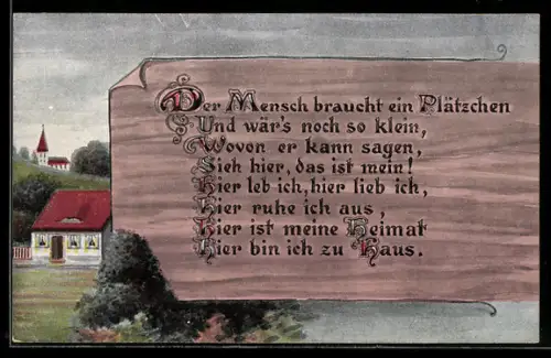 Holzbrand-Imitations-AK Dorfansicht mit Kirche, Der Mensch braucht ein Plätzchen Und wär`s noch so klein...