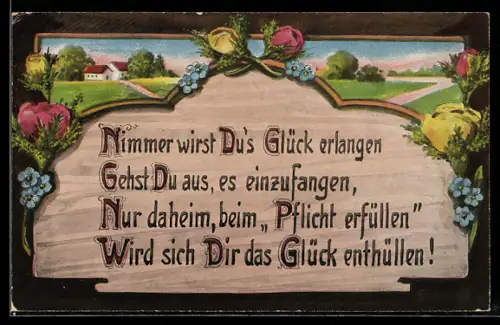 Holzbrand-Imitations-AK Nimmer wirst Du`s Glück erlangen gehst Du aus, es einzufangen..., Blumen