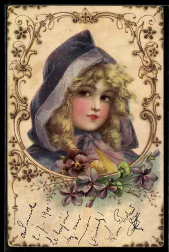 Holzbrand-Imitations-Lithographie Blondschopf mit blauer Kapuze